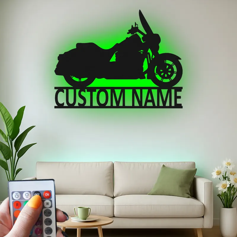 Insegna LED Personalizzata con Moto Cruiser | Decorazione per Garage in Metallo | Regalo per Biker e Decorazione per Caverna degli Uomini
