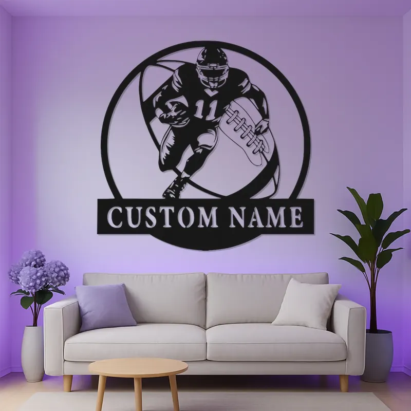 Insegna in metallo personalizzata per giocatore di football | Arte murale LED personalizzata | Decorazione con nome atleta per man cave e regalo per tifosi