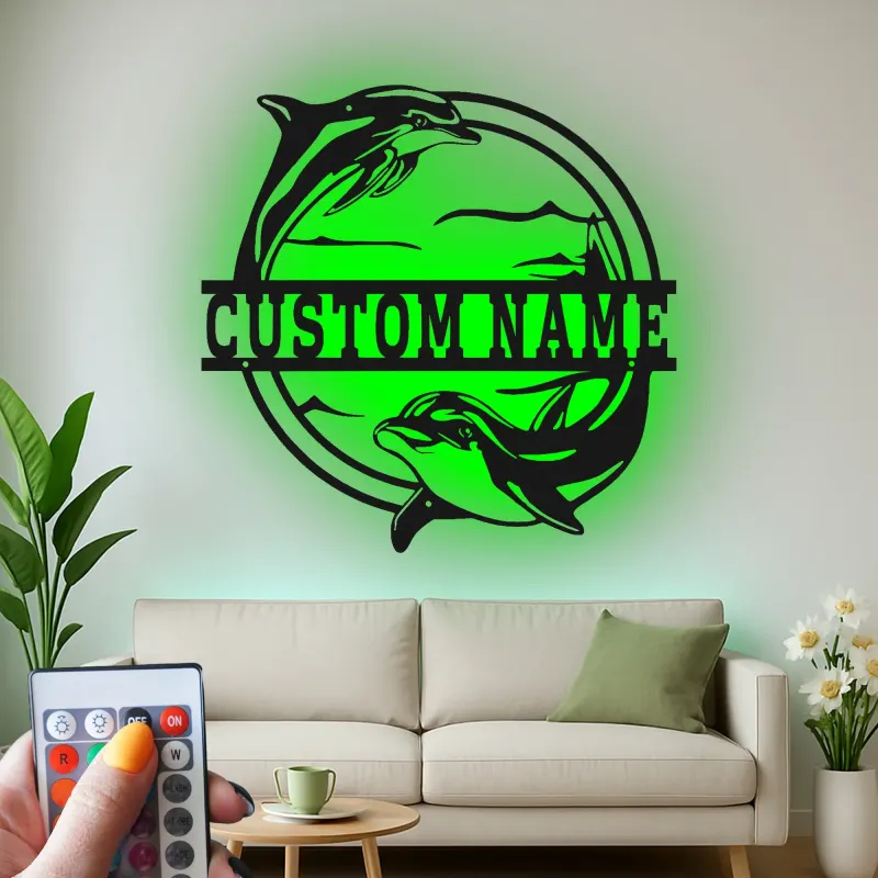 Cartel de metal personalizado con delfín y luz LED, regalo para amantes del océano, decoración para dormitorio o salón