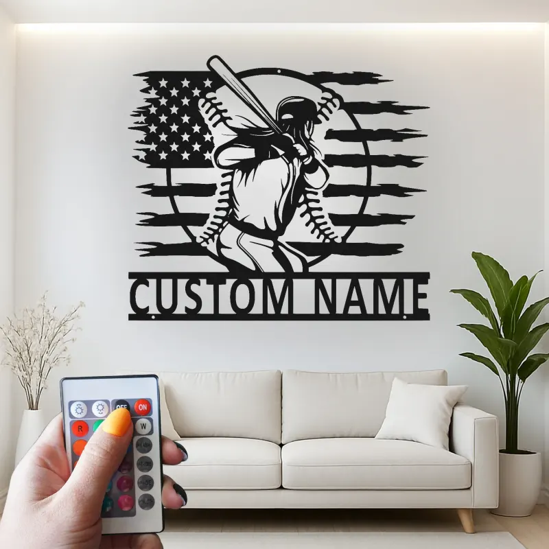 Décoration murale en métal personnalisée joueur de baseball avec rétroéclairage LED