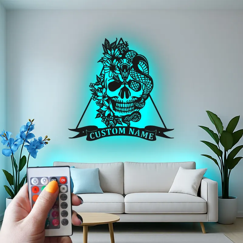 Gothic Skull & Snake LED Metal Wall Art | Personalized Tattoo Studio Decor | Custom Name Sign for Home Bar