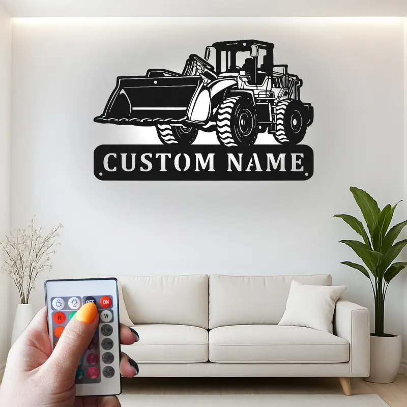 Décoration murale en métal personnalisée avec bulldozer rétroéclairé - Cadeau personnalisé pour passionné de construction - Décor de garage ou de bureau