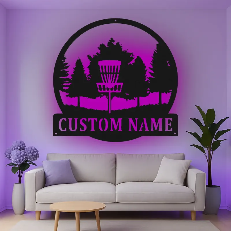 Insegna in metallo personalizzata con LED a forma di cestino per disc golf - Regalo per appassionati di disc golf - Decorazione per sala giochi 3