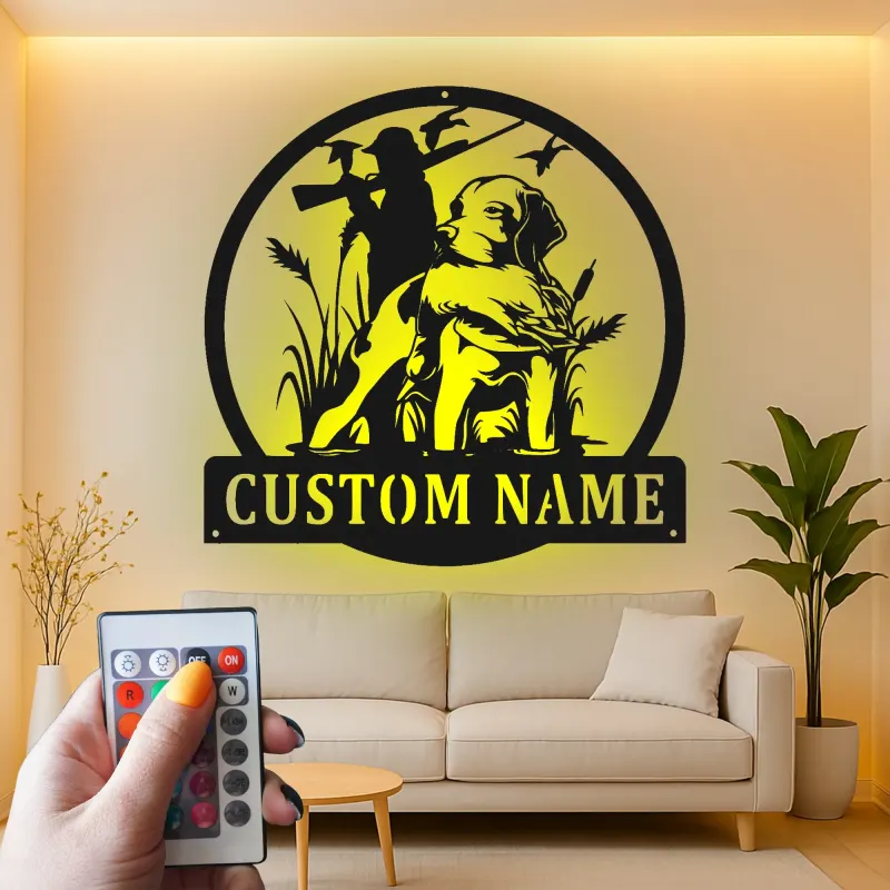 Personalisierte LED-Metall-Wandkunst mit Jagdhund und Ente – Geschenk für Jäger, Deko für Männerhöhle oder Ferienhaus
