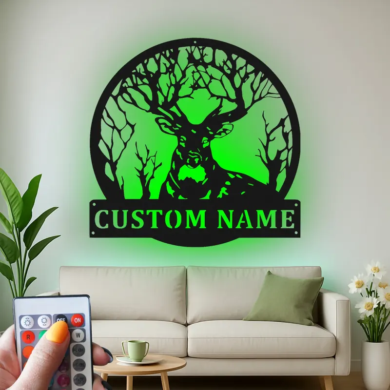 Insegna in metallo LED personalizzata con cervo e foresta, regalo per amanti della natura, decorazione rustica per cabin