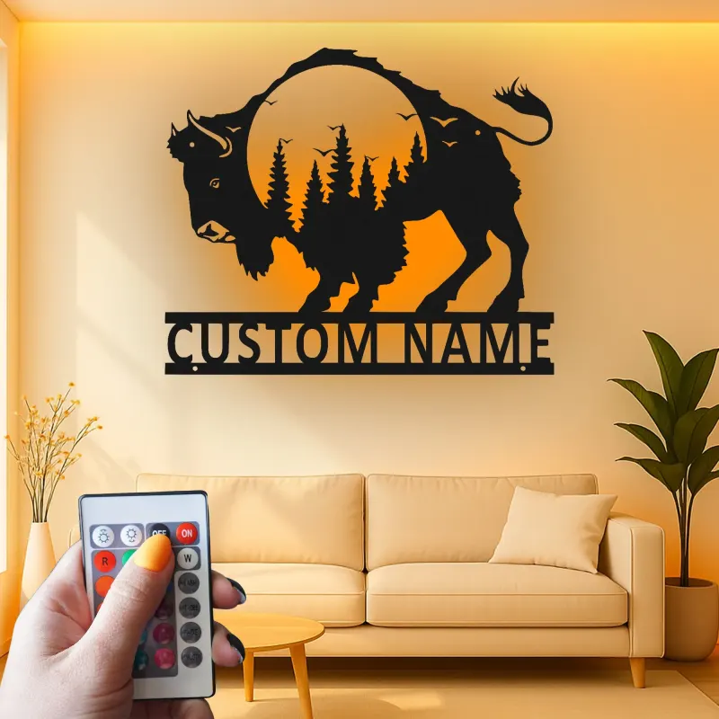 Insegna in metallo personalizzata con silhouette di bisonte retroilluminata LED regalo per amanti della fauna selvatica decorazione rustica per la casa