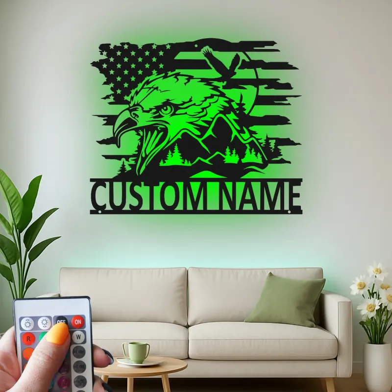 Insegna in metallo LED personalizzata con aquila e bandiera americana - Regalo patriottico per veterani, decorazione per man cave o ufficio