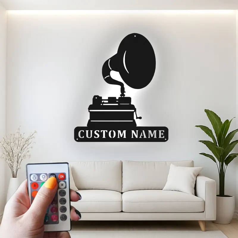 Personalisierte Vintage Phonograph LED Licht Metall-Wandkunst Geschenk für Musikliebhaber, Retro-Wohnzimmer-Dekor