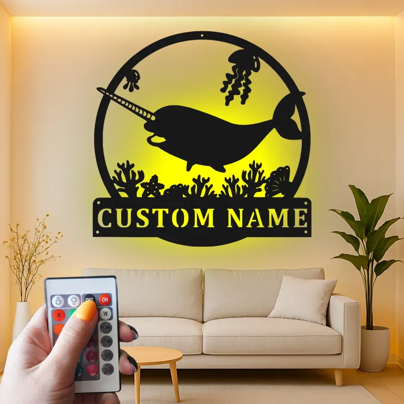 Personalized Narwhal Metal Sign | LED Nursery Night Light | Custom Ocean Theme Wall Art | Kids Room Decor