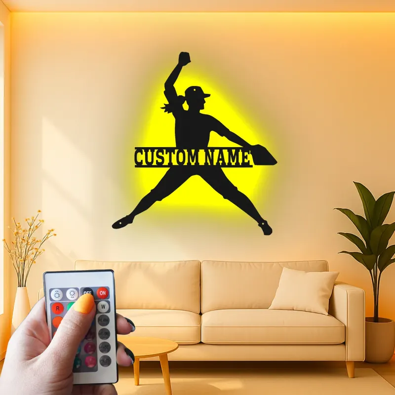 Cartel de metal personalizado de lanzadora de softball | Luz LED de nombre para habitación de chicas | Regalo personalizado para atleta | Arte mural deportivo femenino