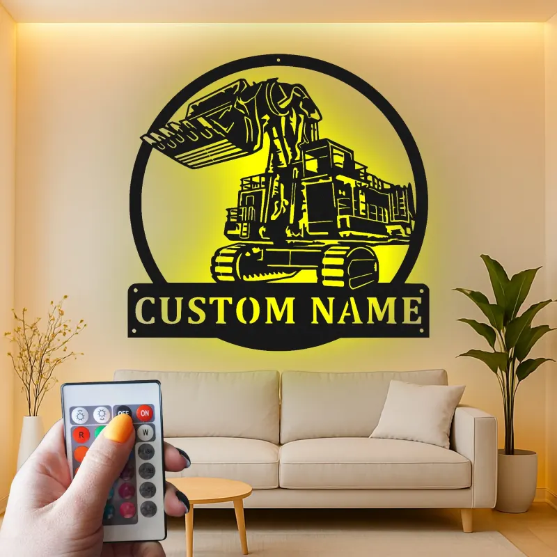 Panneau métallique personnalisé d’excavatrice | Décoration murale LED rétroéclairée | Cadeau pour ouvrier du bâtiment | Déco d’engin de chantier pour chambre de garçon