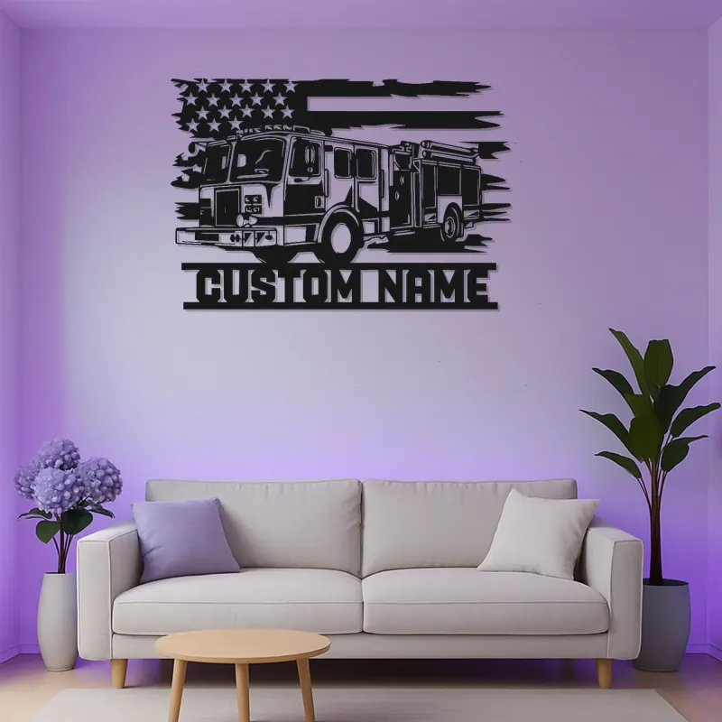 Enseigne personnalisée pour pompier en métal avec LED | Décoration murale personnalisée de camion de pompiers | Cadeau pour pompier pour déco de caserne