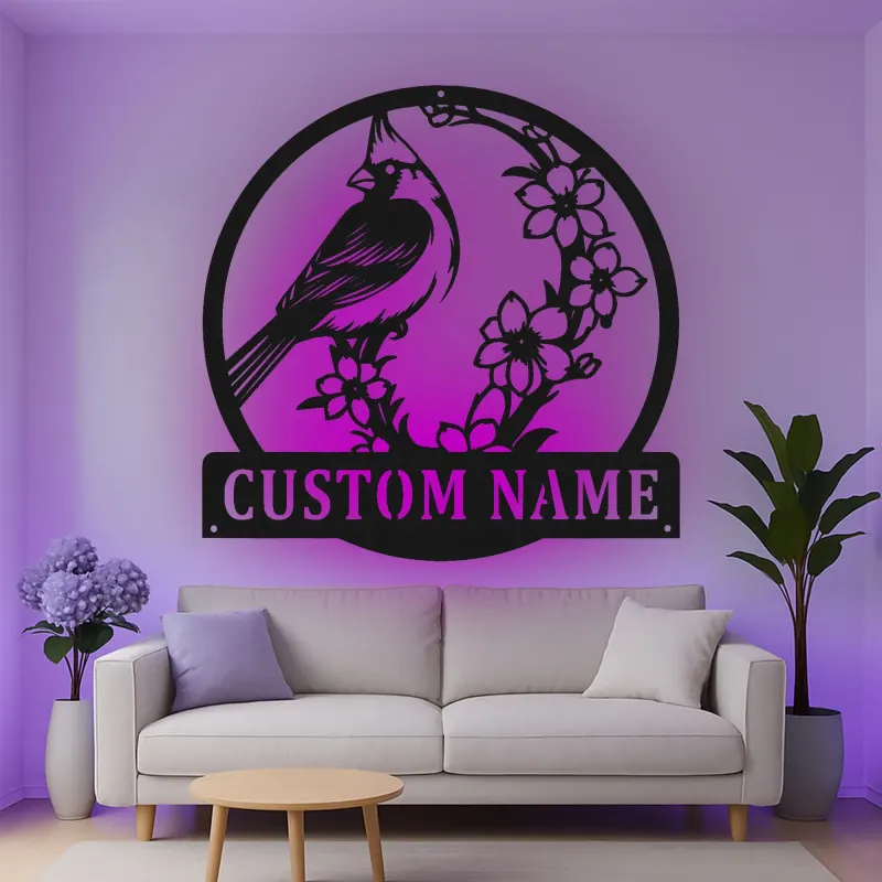 Décoration murale en métal personnalisée avec lumière LED cardinal et fleurs