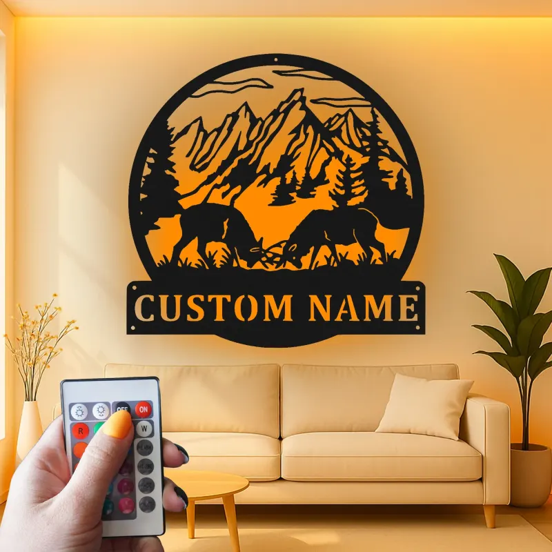 Cartel de metal LED de alce de montaña personalizado, regalo para amante de la naturaleza, decoración de cabaña rústica