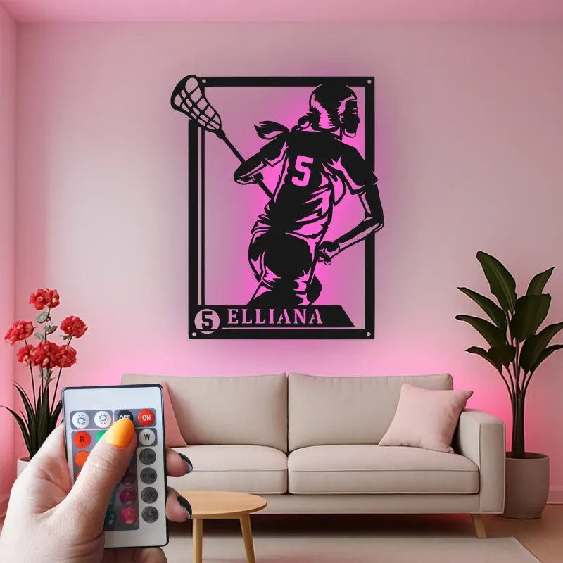 Custom Lacrosse Player Led Light Metal Wall Art Personalized Gift for Lacrosse Enthusiasts Game Room Sports Decor