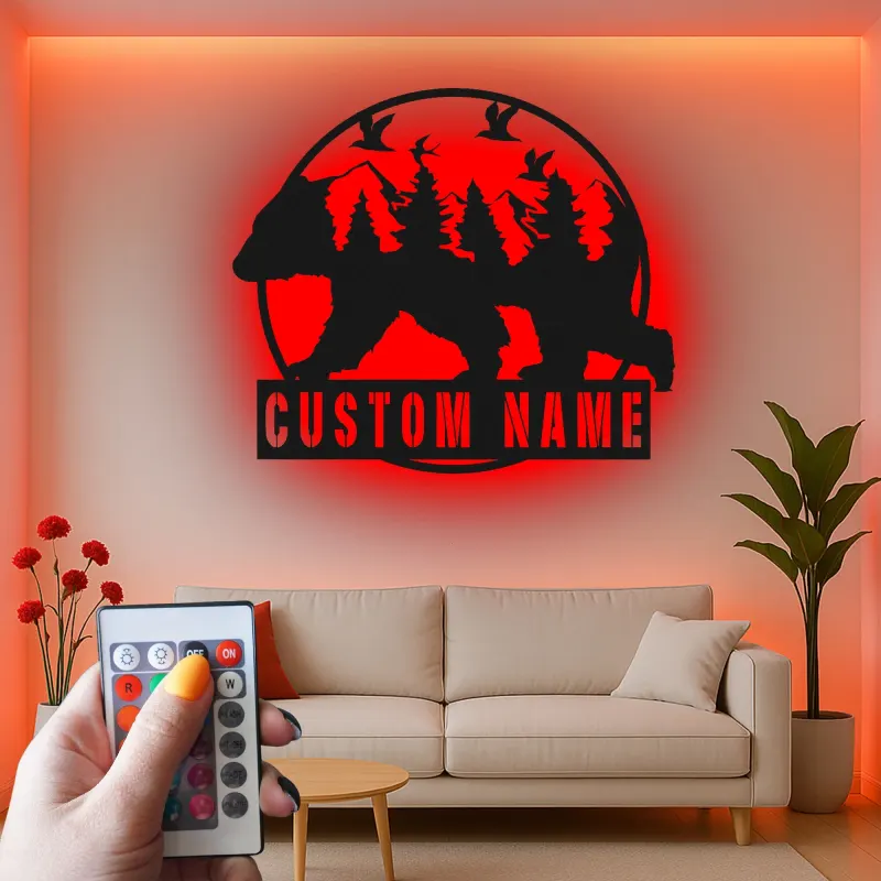 Custom Bear Forest Led Light Metal Wall Art Personalized Gift for Nature Lovers Cabin or Lodge Decor 1