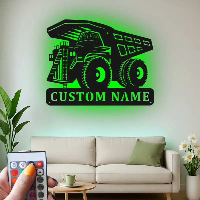Insegna in metallo LED personalizzata a tema camion ribaltabile per appassionati di costruzione, decorazione per cameretta
