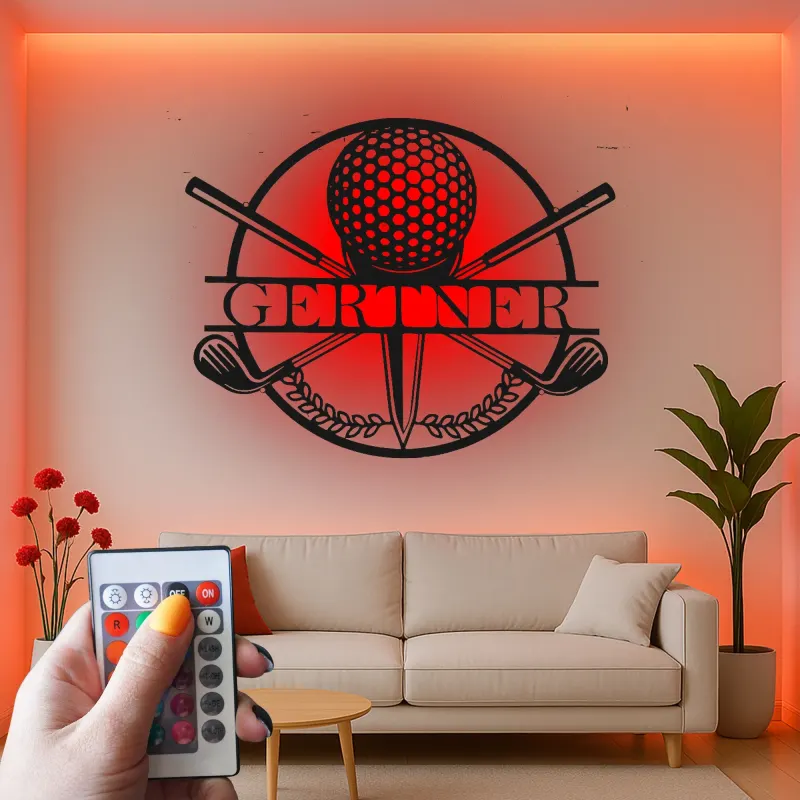 Panneau de golf personnalisé avec prénom | Décoration murale en métal LED | Cadeau sur mesure pour golfeur | Déco de bar sportif et bureau