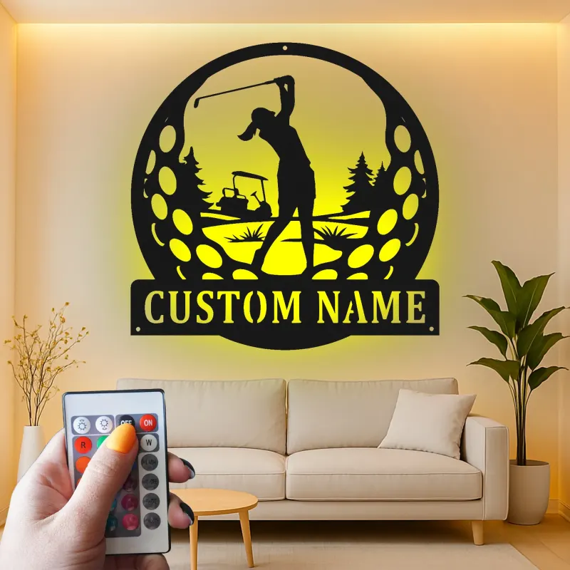 Insegna LED da golf personalizzata | Decorazione murale in metallo su misura per golfisti | Targa con nome per ufficio, home bar e sala sportiva