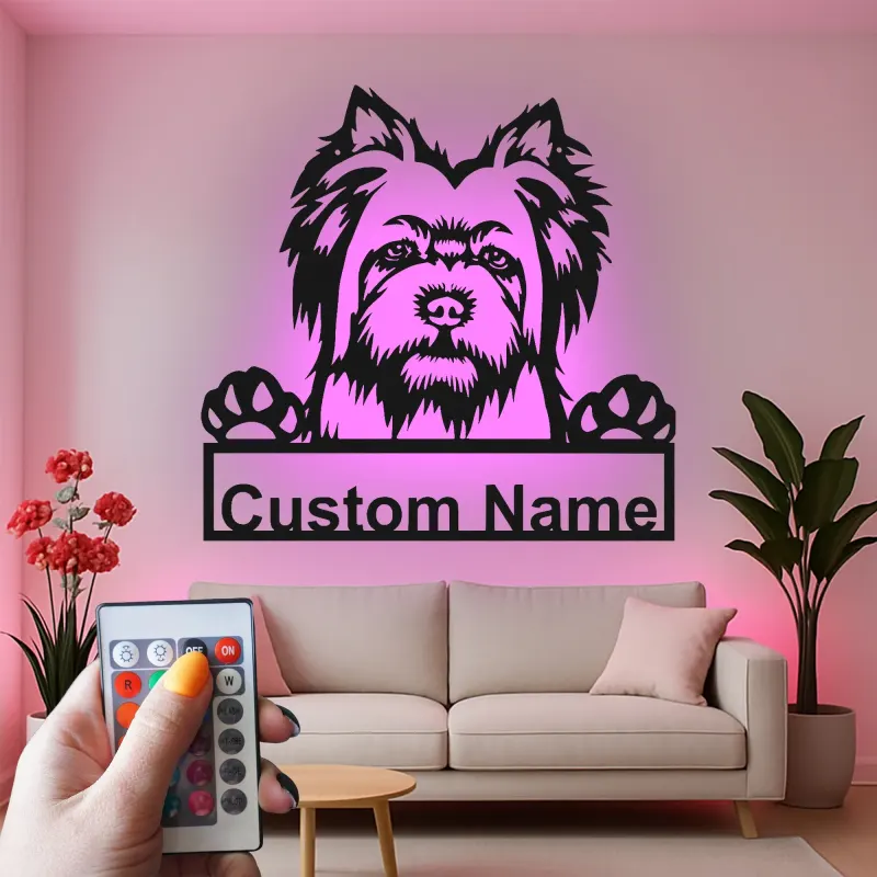 Custom Yorkshire Terrier Led Light Metal Wall Art Personalized Dog Lover Gift Living Room Pet Decor