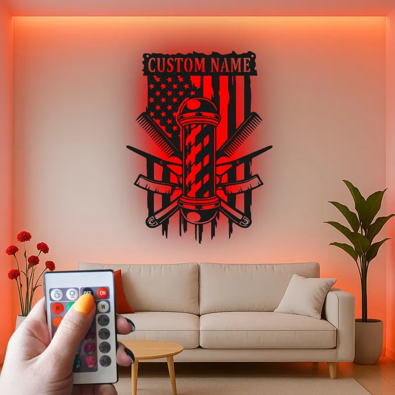 Cartel de metal LED personalizado de barbero con luz, regalo para barberías, decoración de salón para peluqueros