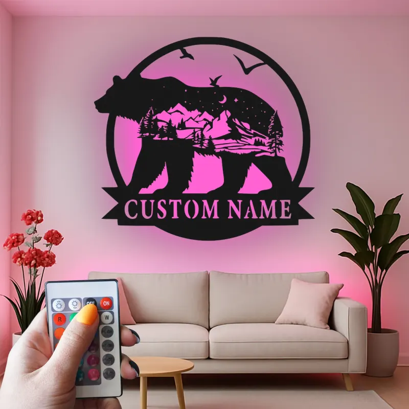 Silhouette de oso LED de metal personalizado regalo para amantes de la naturaleza decoración de cabaña