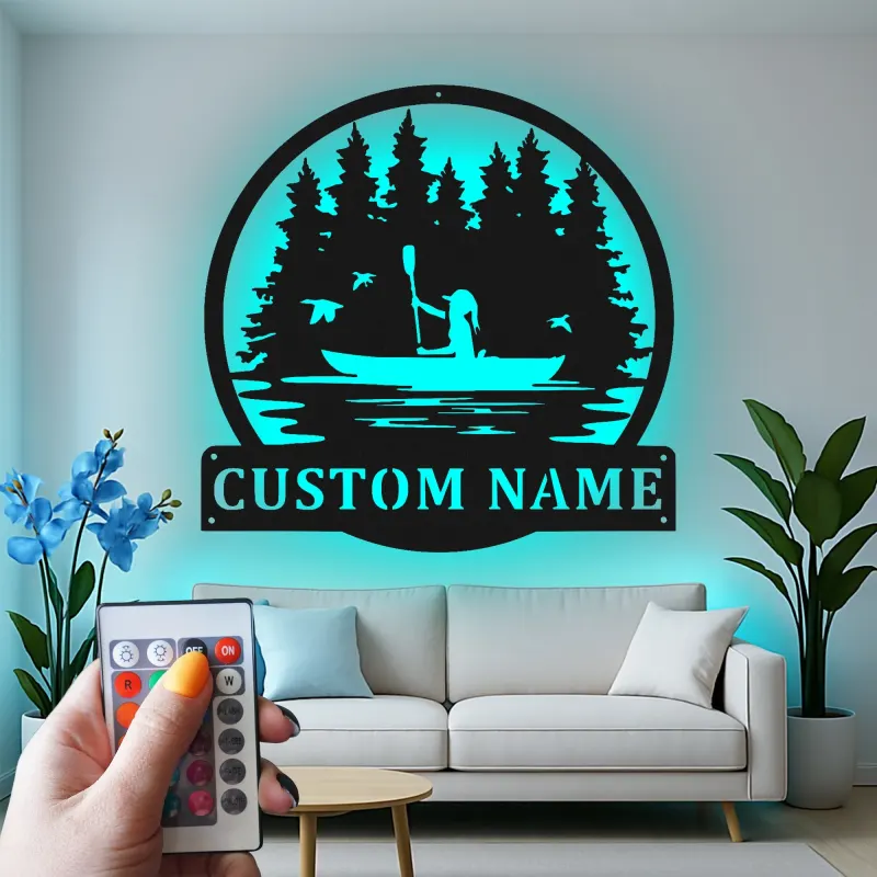 Insegna in metallo personalizzata per kayakista | Insegna LED con scena lacustre personalizzata | Regalo per amanti dell'outdoor | Decorazione per cabin e case al lago