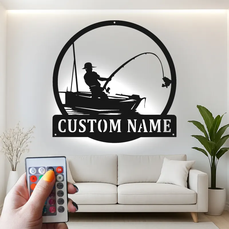 Insegna da pesca personalizzata con LED | Insegna in metallo personalizzata con pescatore | Decorazione per casa al lago e regalo per pescatori