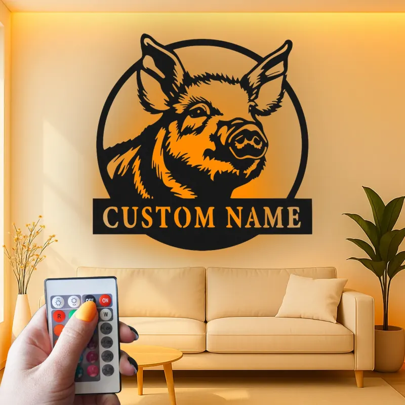 Cartel de metal personalizado de cerdo | Decoración de cocina de granja con LED | Arte mural rústico personalizado para regalo de granja o hogar