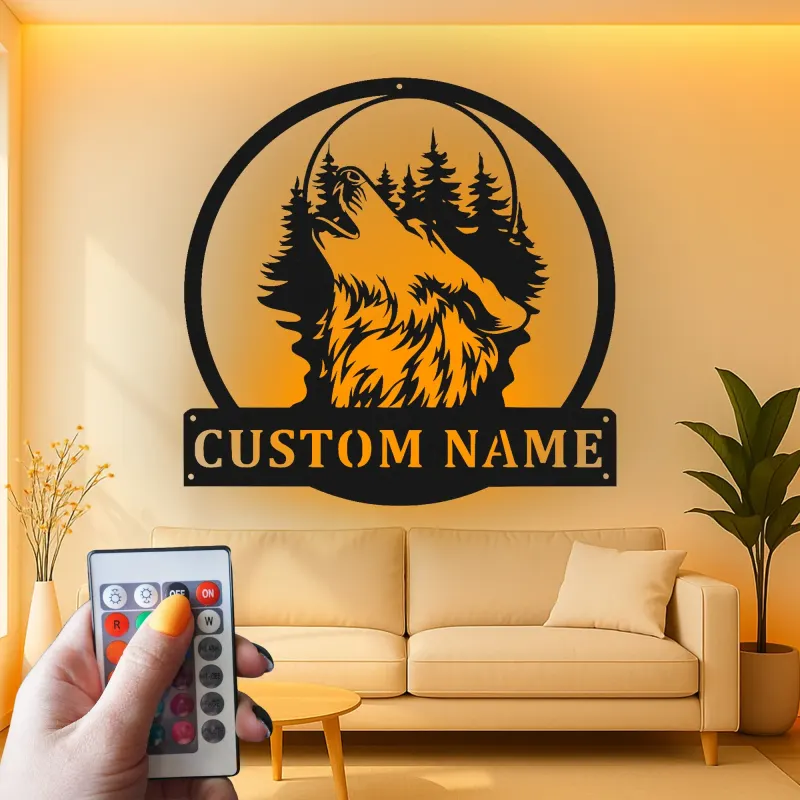 Décoration murale en métal personnalisée de loup hurlant avec rétroéclairage LED - Cadeau personnalisé pour les amoureux de la nature - Décor de cabane rustique 1