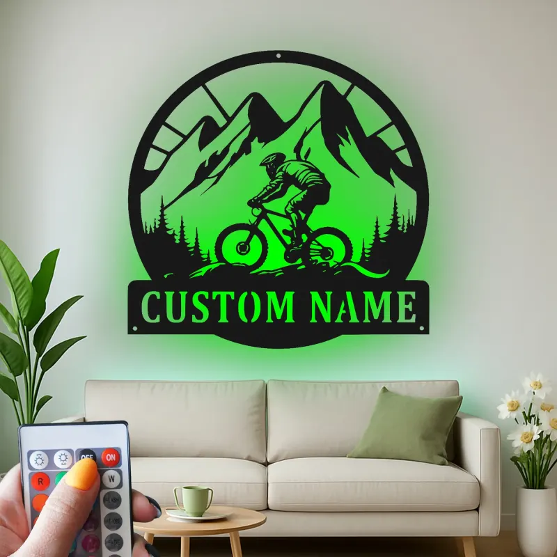 Custom Mountain Biker Sign | LED Metal Wall Art | Personalized Cyclist Gift for Outdoor Lover | Trail Rider Decor