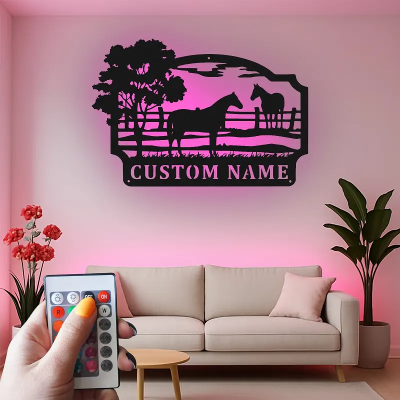 Insegna per Ranch di Cavalli Personalizzata con LED | Arte in Metallo Personalizzata | Decorazione Equestre per Regalo da Fattoria