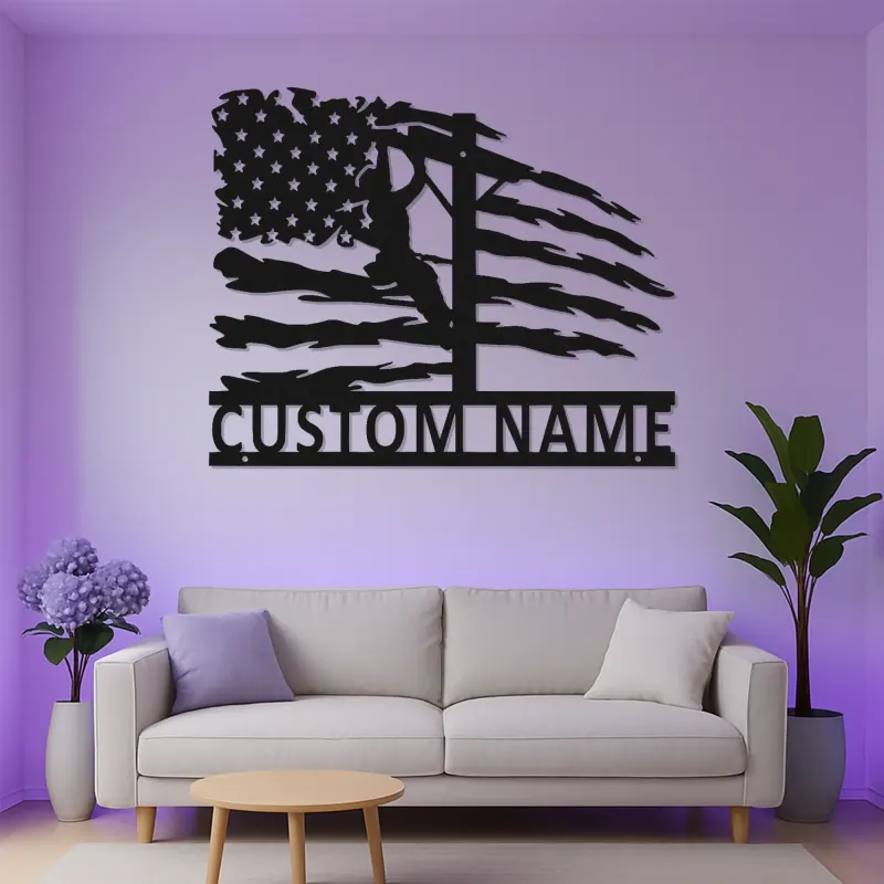 Custom Lineman Metal Sign | American Flag LED Wall Art | Personalized Patriotic Gift for Electrician | Utility Worker Decor