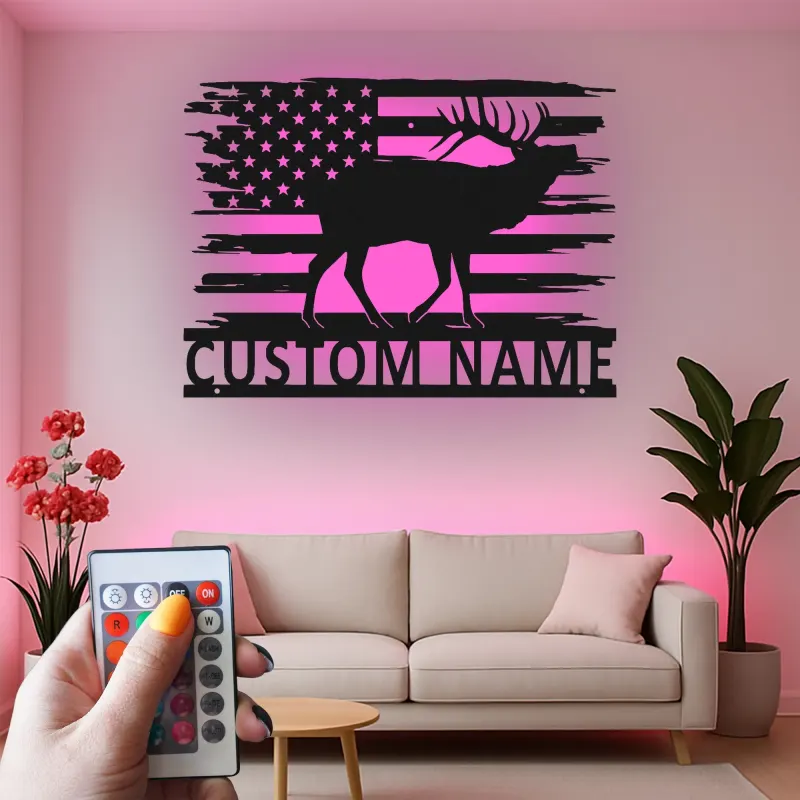 Décoration murale en métal LED élan drapeau américain personnalisée Cadeau pour chasseurs Décor de chalet rustique