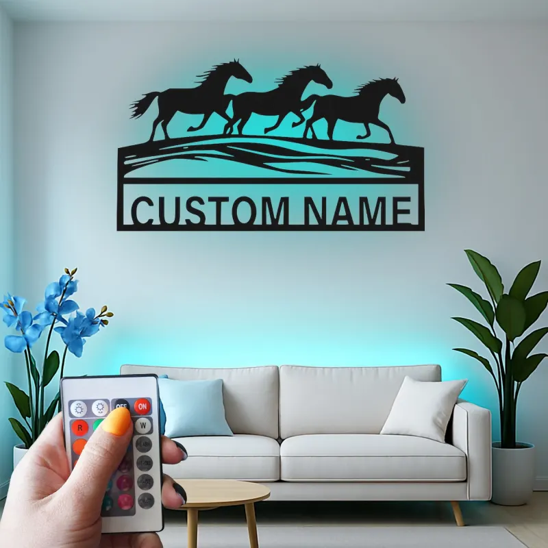 Running Horses Metal Wall Art | Custom LED Name Sign | Personalized Farmhouse & Ranch Decor for Horse Lovers