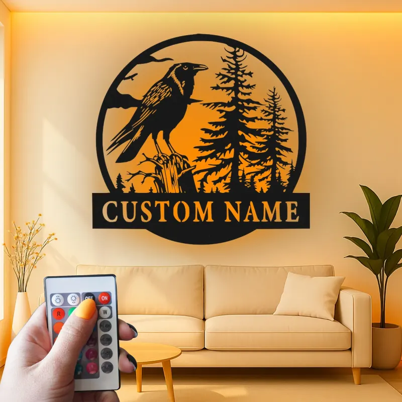 Décoration murale en métal LED de corbeau | Panneau nominatif personnalisé pour décor de cabane | Silhouette de faune forestière personnalisée | Cadeau pour amoureux de la nature