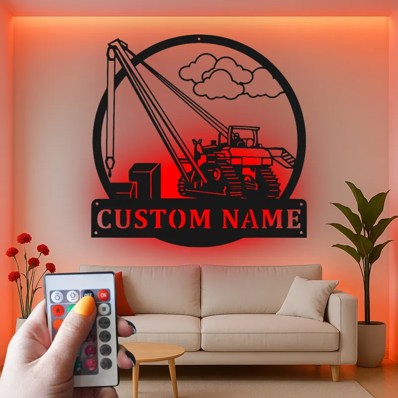 Personalisierte LED-Metall-Wandkunst mit Bagger – Geschenk für Bauprofis, Garage oder Werkstatt