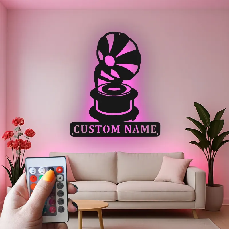 Personalisierte Vintage Phonograph LED Licht Metall-Wandkunst Geschenk für Musikliebhaber, Retro-Wohnzimmer-Dekor