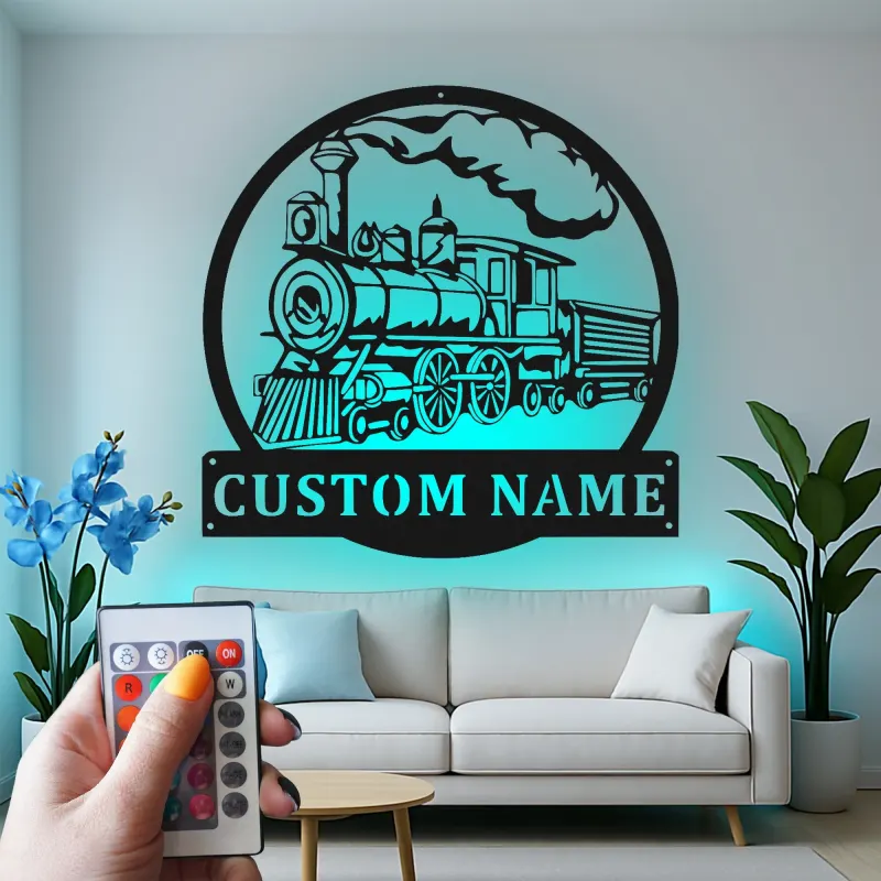 Décoration murale en métal personnalisée de train à vapeur avec rétroéclairage LED - Cadeau pour passionnés de trains, décoration pour man cave ou bureau