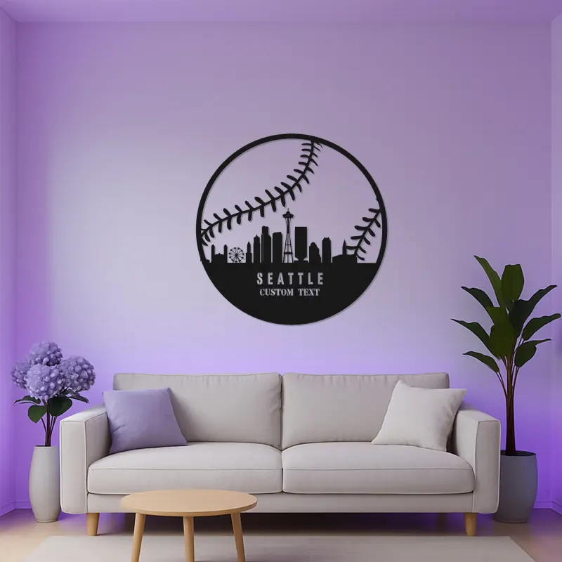 Seattle Skyline Baseball Sign | LED Metal Wall Art for Man Cave | Custom Sports Fan Gift