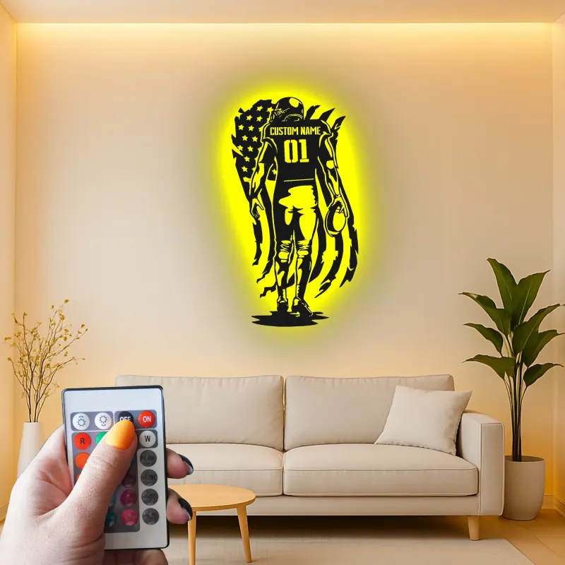 Cartel de Jugador de Fútbol Personalizado de Metal | Arte Mural LED para Habitación de Adolescentes | Nombre y Número Personalizados de Atleta | Decoración para Man Cave de Fanático del Deporte