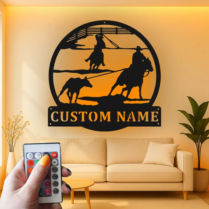 Décoration murale en métal LED personnalisée Rodeo Cowboy - Cadeau western pour lui - Décor ranch rustique