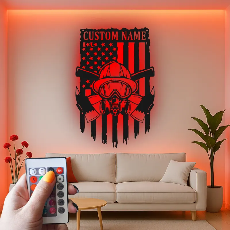 Personalized Firefighter LED Sign | Custom Fireman Metal Wall Art | Patriotic American Flag Decor for Home & Fire Station