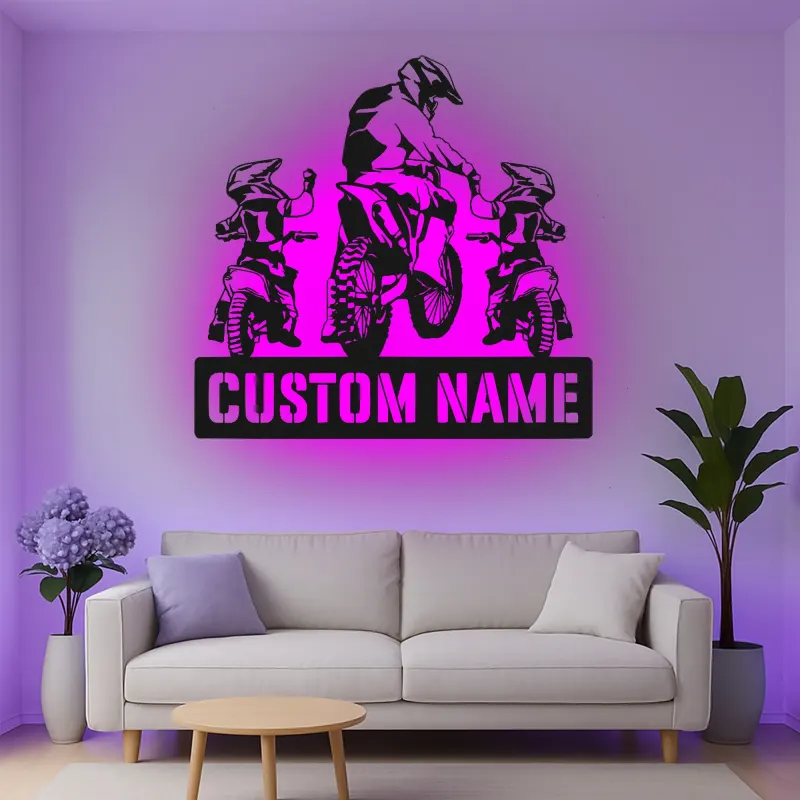 Insegna in metallo personalizzata Motocross Family con LED per appassionati di moto da cross, regalo per garage o man cave