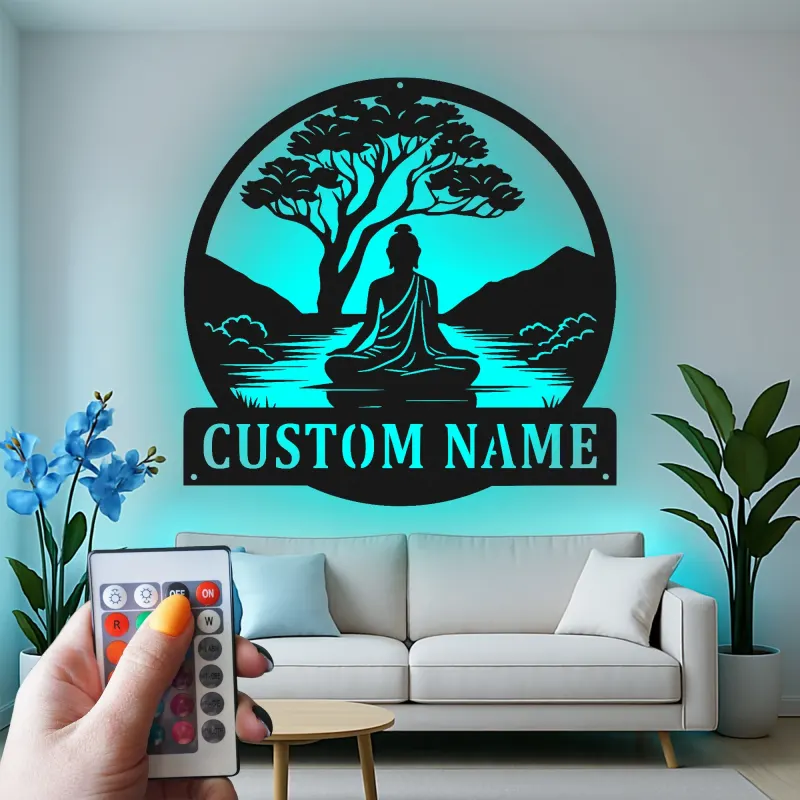 Cartel de metal personalizado de Buda meditando con luz LED regalo zen para entusiastas del yoga decoración tranquila del hogar
