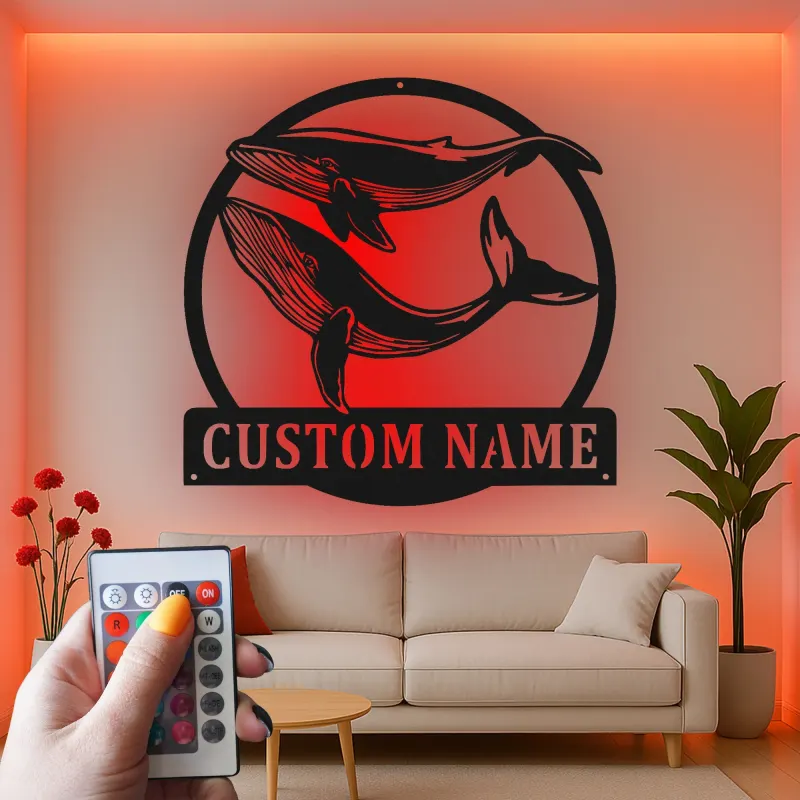 Custom Whale Pair Led Light Metal Wall Art Ocean Lover Gift Nautical Decor for Living Room