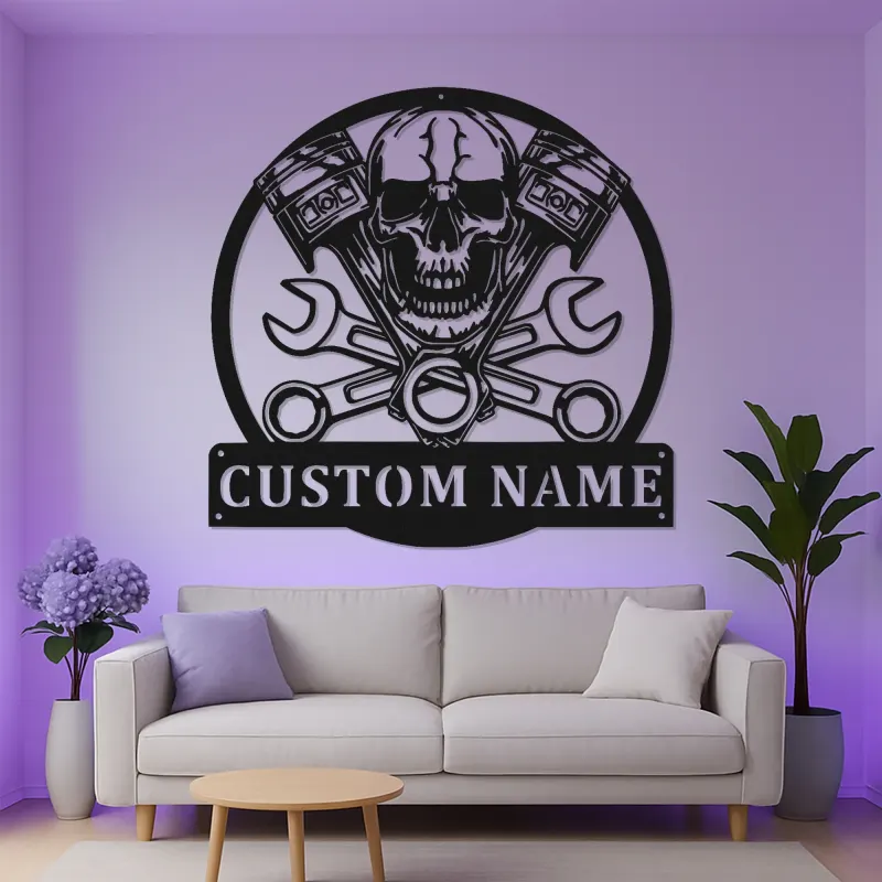 Custom Skull LED Metal Sign | Personalized Piston & Wrench Wall Art | Mechanic Garage Decor for Him | Man Cave Sign