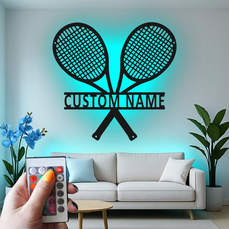 Cartel de metal LED de raquetas de tenis personalizado, regalo para amantes del tenis, decoración de sala de juegos 2
