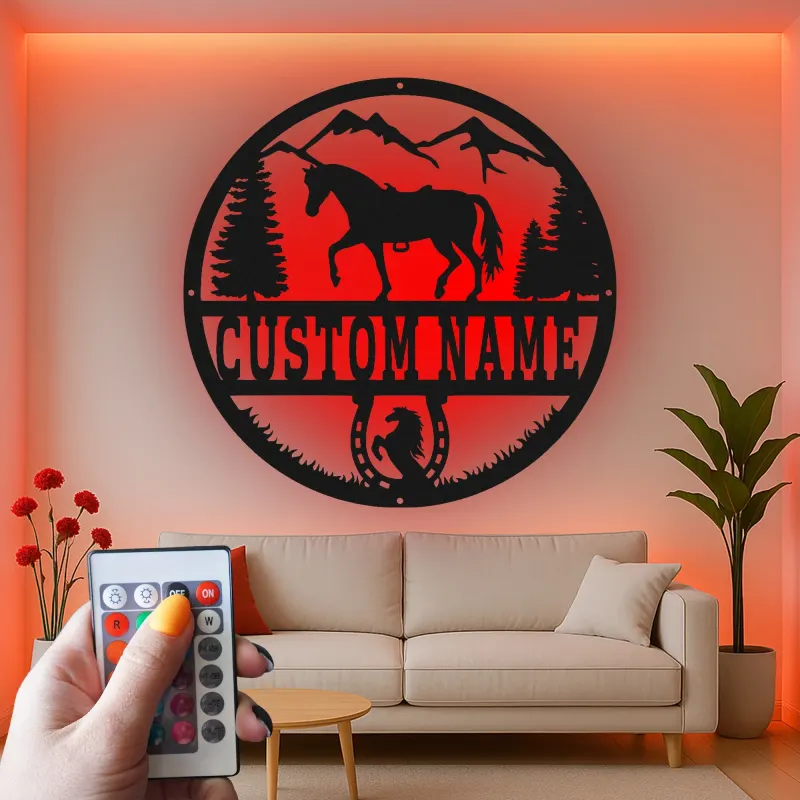 Panneau personnalisé avec nom de cheval | Décoration murale en métal LED pour ranch et maison | Cadeau équestre sur mesure