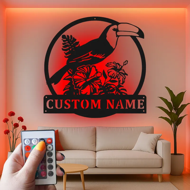 Custom Toucan Metal Sign | Personalized LED Wall Art with Hibiscus | Tropical Patio & Nursery Decor | Exotic Bird Lover Gift